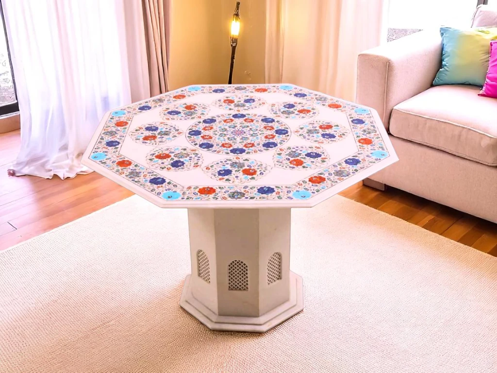 Elegant Marble Table Base with Gemstone Inlay for Luxury Interiors